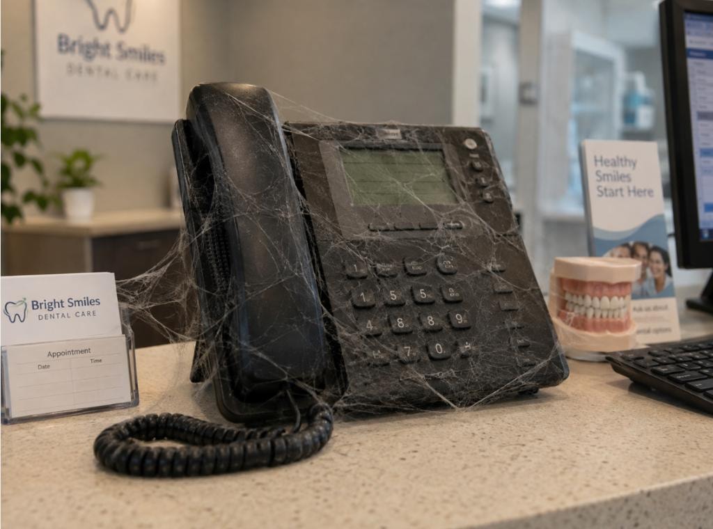 Dusty office phone with cobwebs — a symbol of missed patient calls
